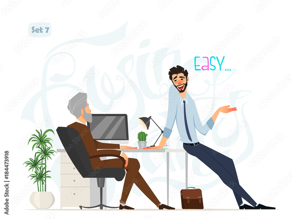 Business meeting. Boss and worker. Relaxed worker at boss office. Office style. Business