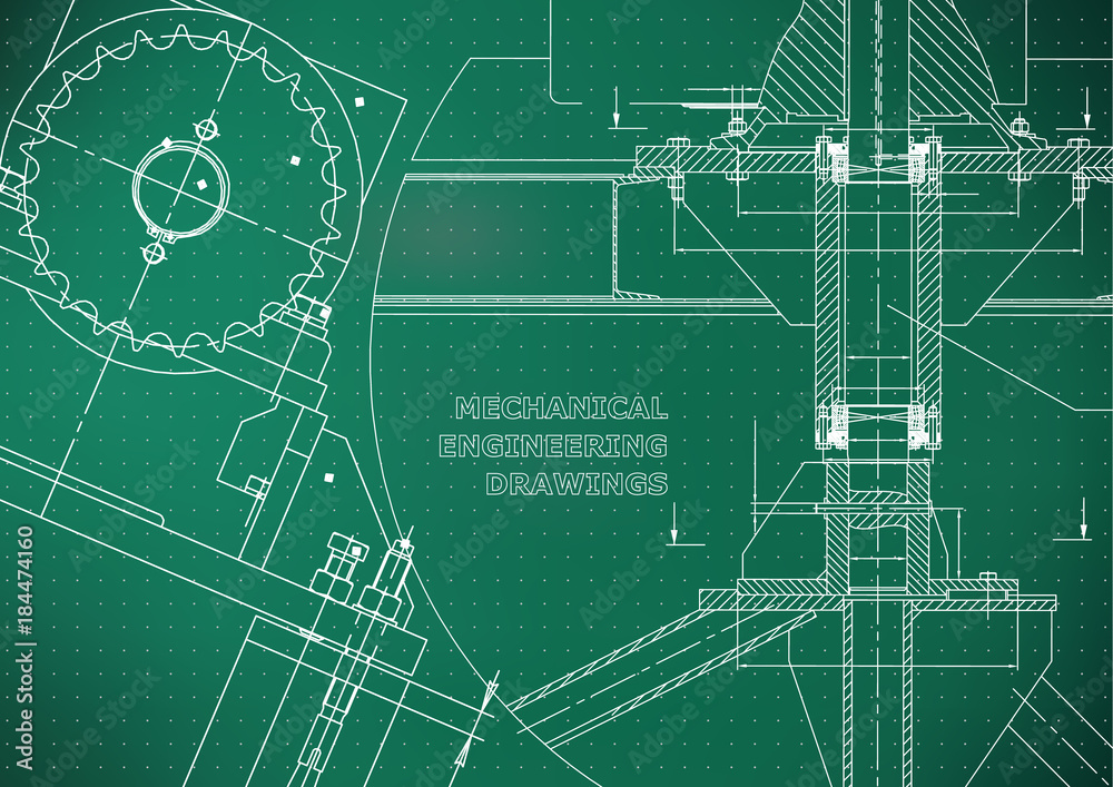 Blueprints. Mechanical construction. Technical Design. Engineering illustrations. Banner. Light green. Points