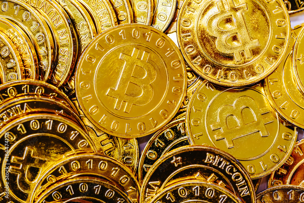 Pile of gold bitcoins in cyrptocurrency theme