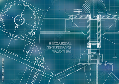 Blueprints. Mechanical construction. Technical Design. Engineering illustrations. Banner. Blue. Grid