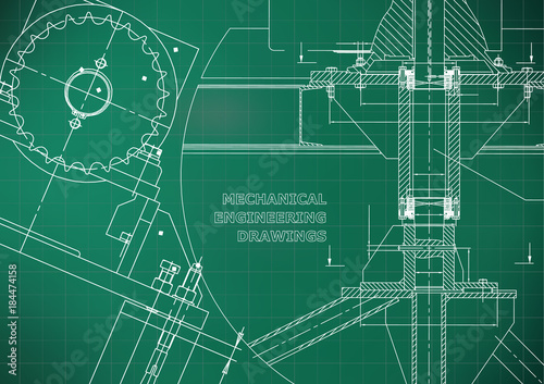 Blueprints. Mechanical construction. Technical Design. Engineering illustrations. Banner. Light green. Grid