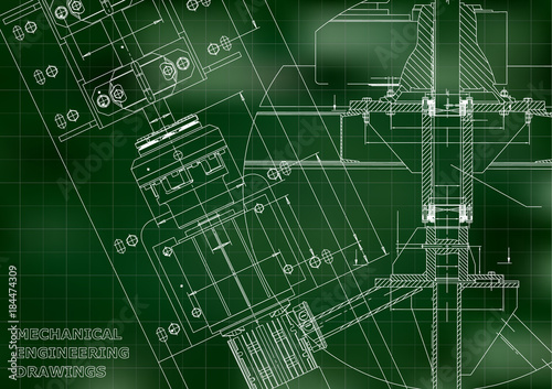 Blueprints. Mechanical engineering drawings. Technical Design. Cover. Banner. Green. Grid