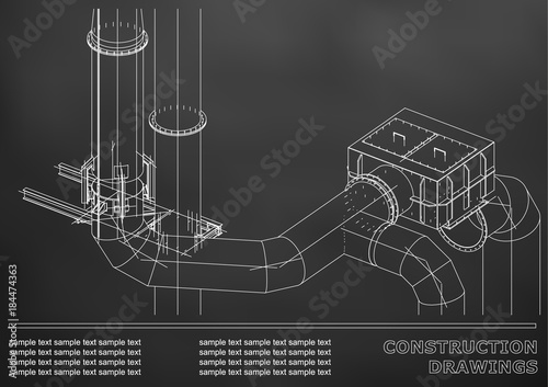 Construction drawings. 3D metal construction. Pipes, piping. Cover, background for text. Black