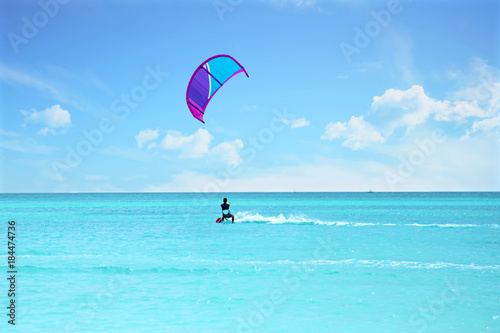Kite surfing at Aruba island in the caribbean sea
