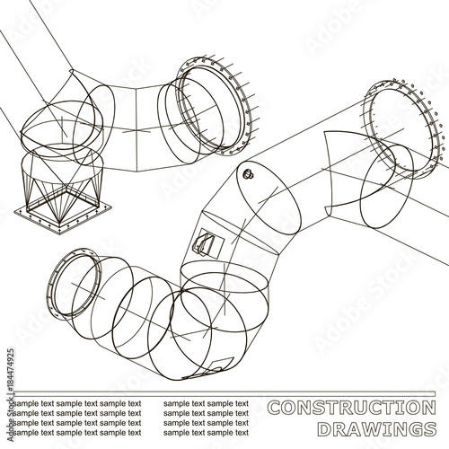 Drawings of steel structures. Pipes and pipe. 3d blueprint of steel structures. Background for your design. White