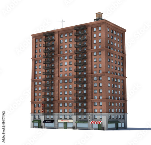 Fototapeta Naklejka Na Ścianę i Meble -  3d rendering of a red brick apartment building with fire escapes and shops on the ground floor.