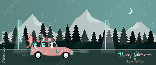 Christmas time. Santa Claus in car with gifts on the roof in winter landscape. Text : Merry Christmas & Happy New Year