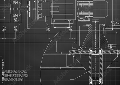 Engineering backgrounds. Mechanical engineering drawings. Technical Design. Blueprints. Black. Grid