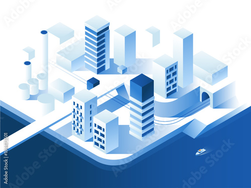 Plakat Technologia inteligentnego miasta. Prosta architektura low poly. 3d wektor ilustracja izometryczny.