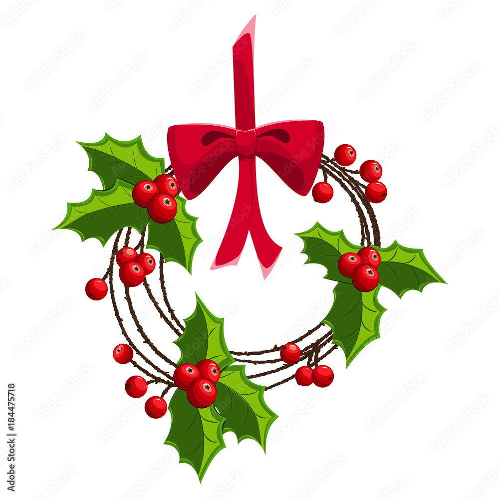 Christmas wreath of holly berry on a red ribbon and bow isolated on a white background. Vector illustration. Cartoon icon.