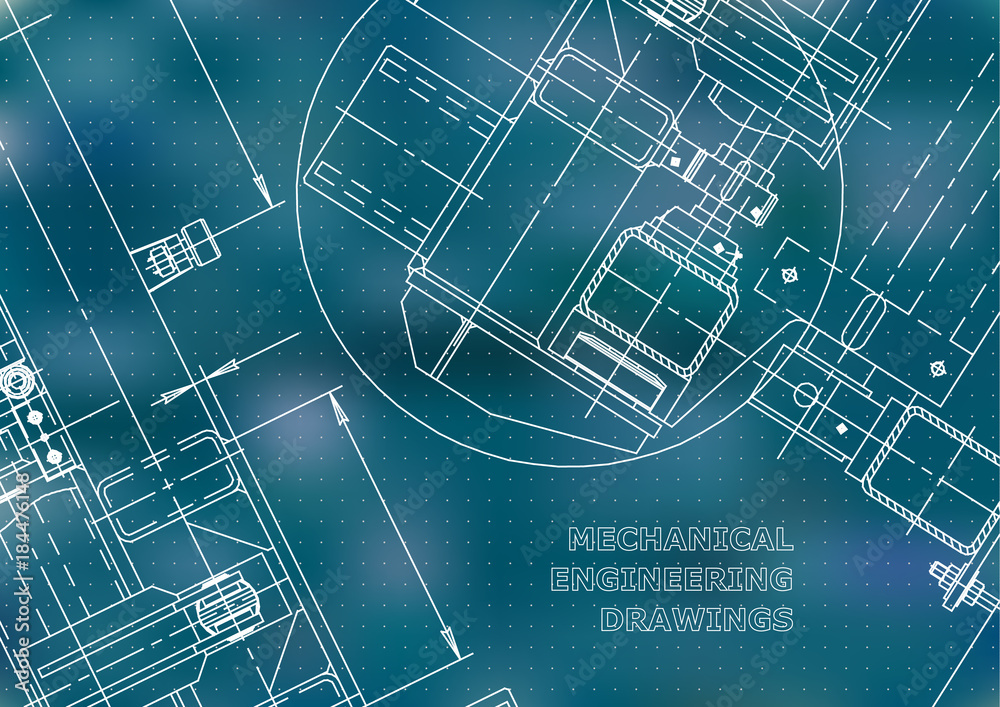 Mechanical Engineering drawing. Blueprints. Mechanics. Cover, background, banner. Blue. Points