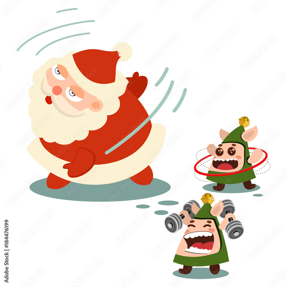 Naklejka premium Santa Claus and cute elves involved in fitness and sports. Vector cartoon character isolated on a white background.