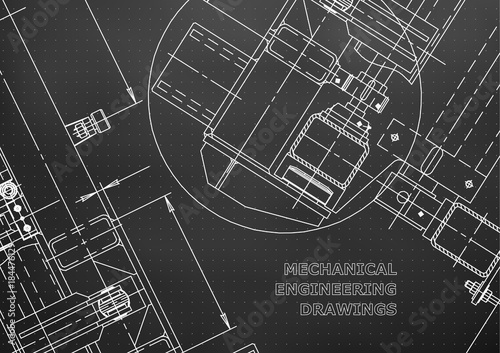 Mechanical Engineering drawing. Blueprints. Mechanics. Cover, background, banner. Black. Points