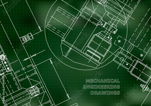 Mechanical Engineering drawing. Blueprints. Mechanics. Cover, background, banner. Green. Points