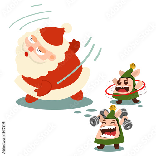 Santa Claus and cute elves involved in fitness and sports. Vector cartoon character isolated on a white background.