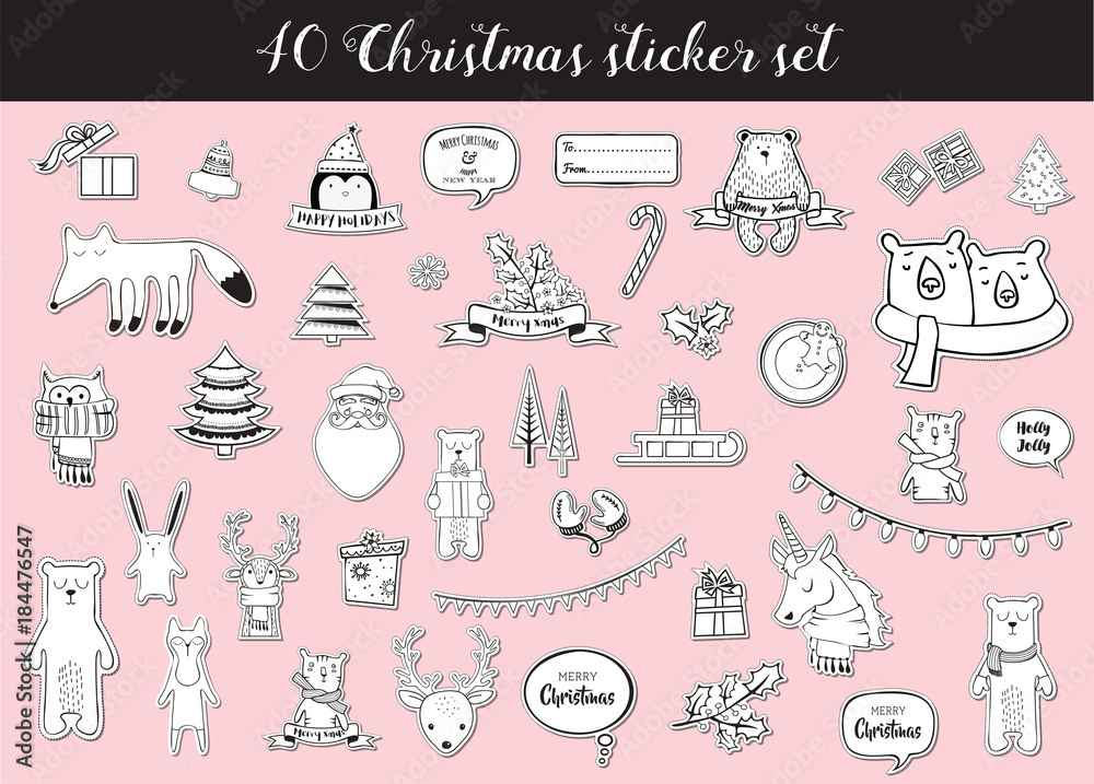 black and white christmas and winter sticker set