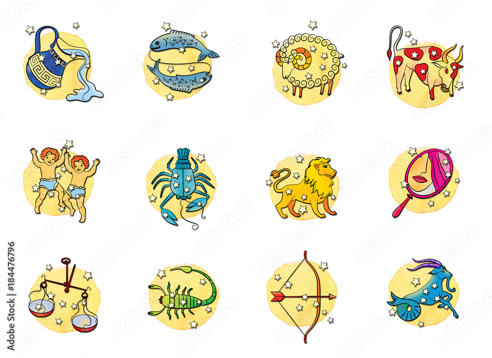 Fototapeta premium Set of twelve signs of the zodiac circle, isolated on a watercolour background