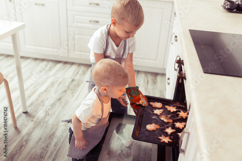 Cute funny blond kid boys cooking and preparing gingerbread cookies in domestic kitchen, sitting near oven and waiting for food