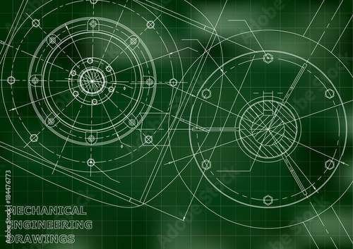 Mechanical engineering drawings. Vector background. Green. Grid