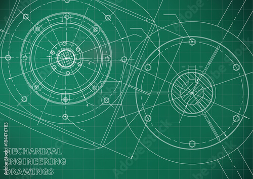 Mechanical engineering drawings. Vector background. Light green. Grid
