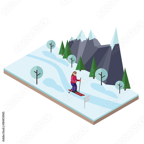 Isometric woman skiing. Cross country skiing, winter sport. Olimpic games, recreation lifestyle, activity speed extreme