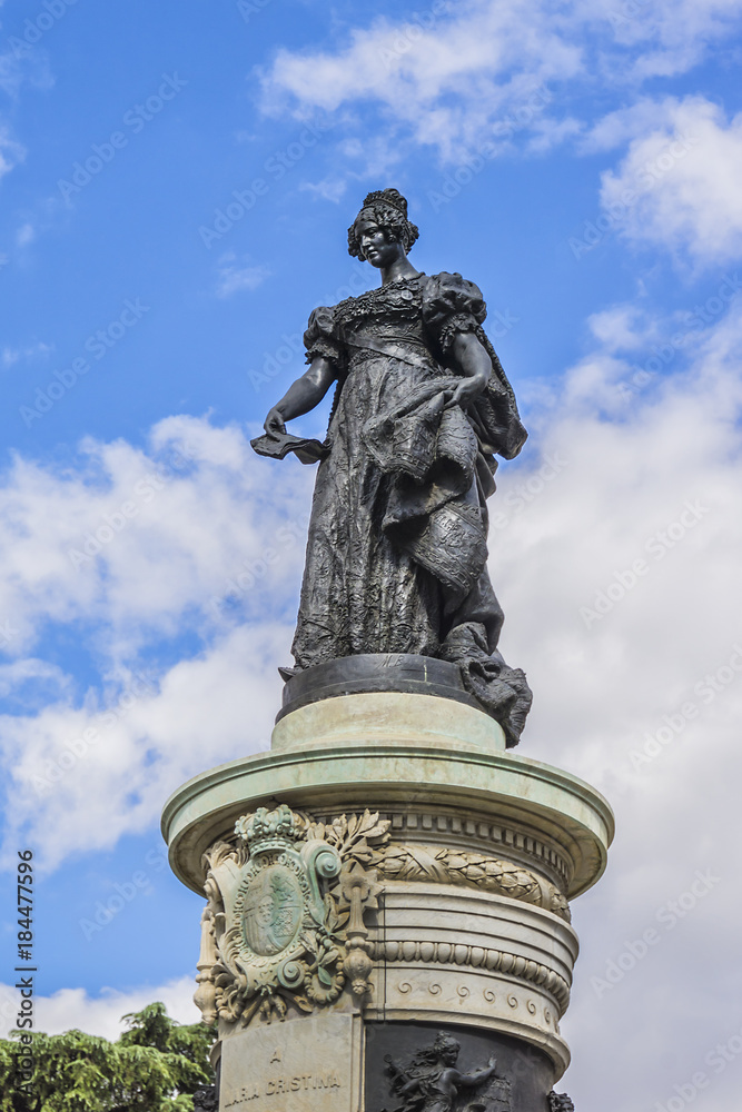 Statue of Reina Maria Cristina de Borbon, dedicated to Queen Maria Cristina de Borbon, fourth wife of Fernando VII and mother of Isabel II, near entrance to Prado Museum in Madrid, Spain, Europe.