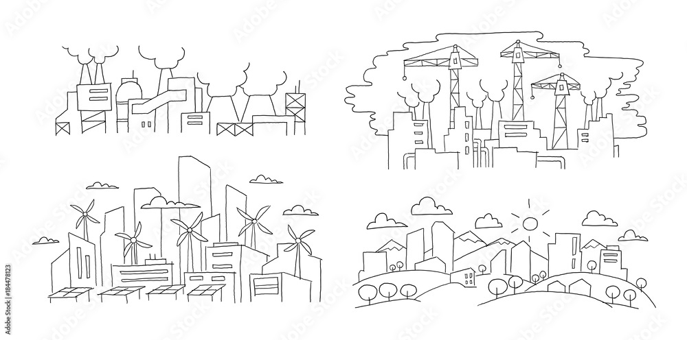 Ecological problems. City and factories. Hand drawn vector illustration. Renewable energy city and pollution environment