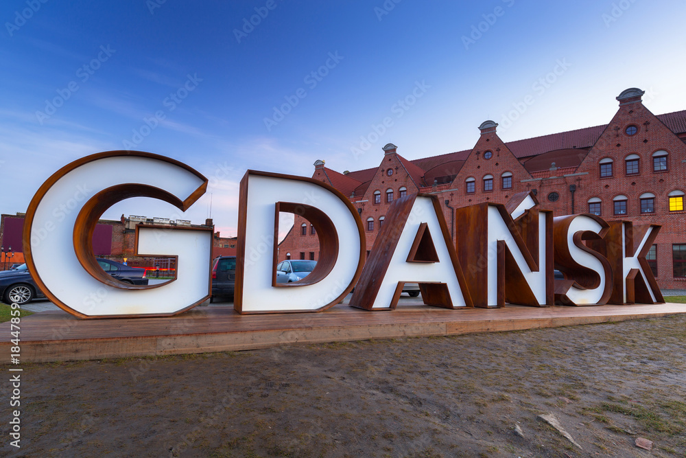 Fototapeta premium Gdansk city outdoor sign at Olowianka island, Poland