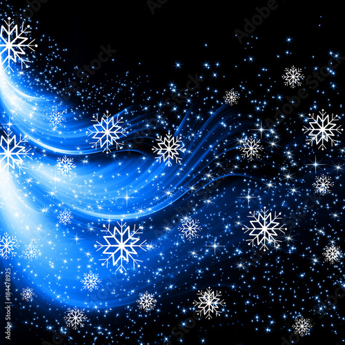 snowflakes and stars descending on background