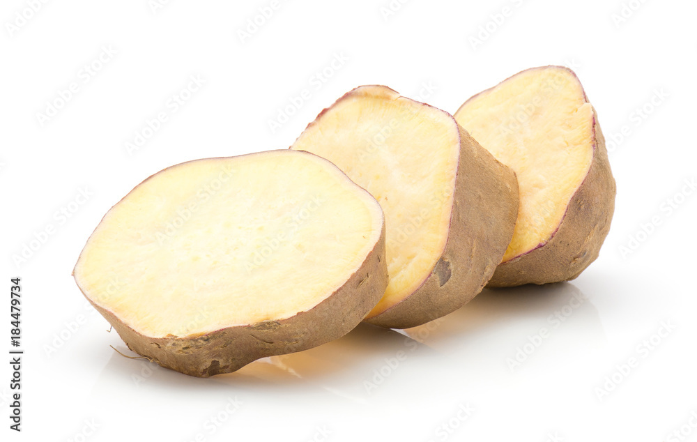 Three sweet potato slices isolated on white background. Three sweet potato slices isolated on white background.