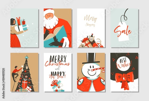 Hand drawn vector abstract Merry Christmas and Happy New Year time cartoon illustration greeting cards template collection set with xmas tree,Santa Claus,snowman and dogs isolated on white background