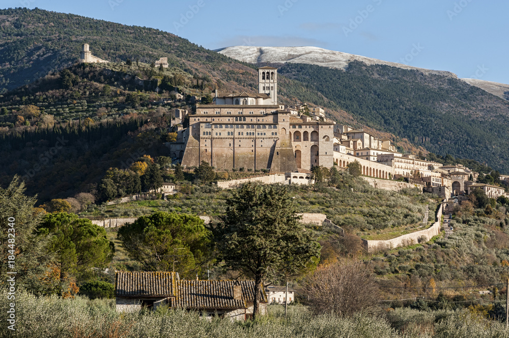 Beautiful view of the ancient and impressive medieval town of Assisi, religious center of Umbria - Italy