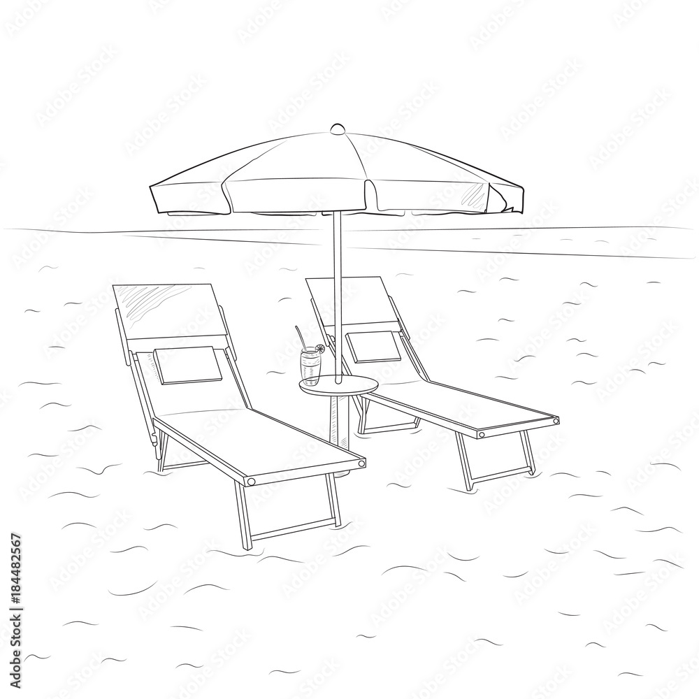 Sketch of chaise lounges and umbrella on the beach. Vector illustration. Sketch of chaise lounges and umbrella on the beach. Vector illustration.