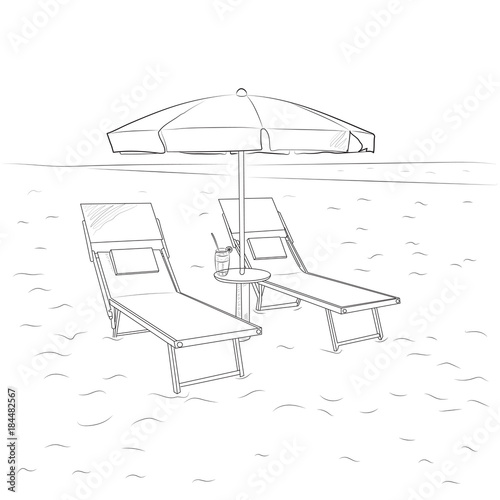 Sketch of chaise lounges and umbrella on the beach. Vector illustration.