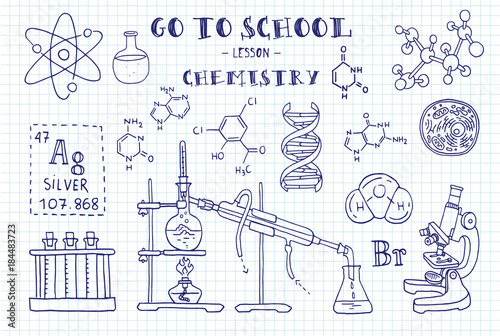 Chemistry. Hand sketches on the theme of Chemistry. Note book page paper. Vector illustration.