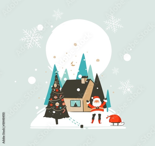 Hand drawn vector abstract Merry Christmas and Happy New Year time cartoon illustrations greeting card template with outdoor landscape,house and Santa Claus isolated on white background