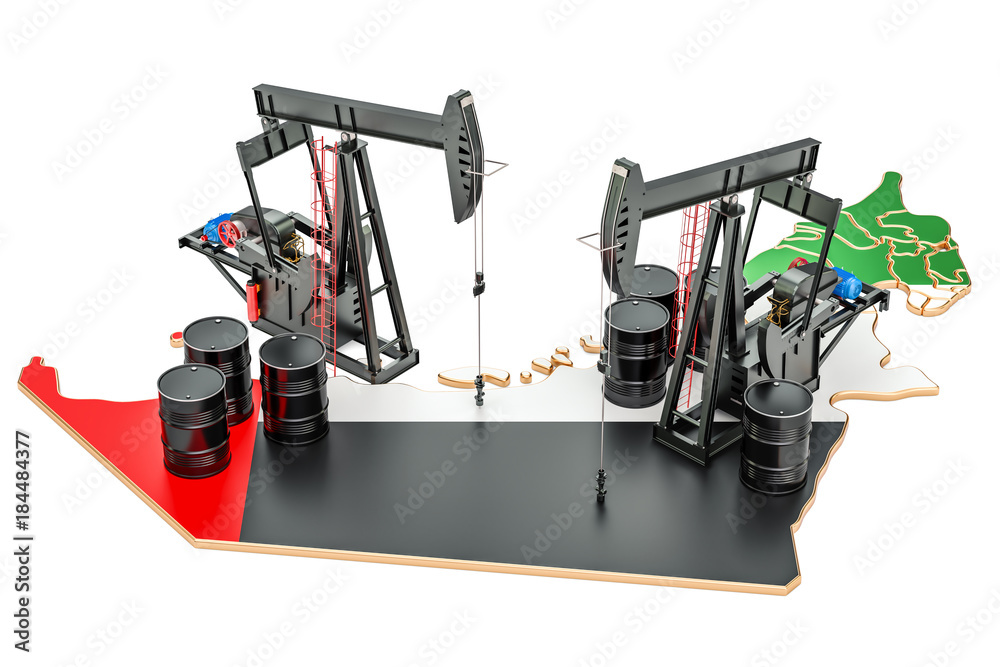 UAE map with oil barrels and pumpjacks. Oil production concept. 3D rendering