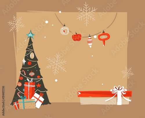 Hand drawn vector abstract Merry Christmas and Happy New Year time vintage cartoon illustrations greeting header template with surprise gift boxes and place for your text isolated on brown background