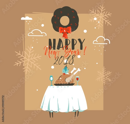 Hand drawn vector abstract Merry Christmas and Happy New Year time retro vintage cartoon illustrations greeting card with xmas dinner table,turkey and mistletoe wreath isolated on brown background