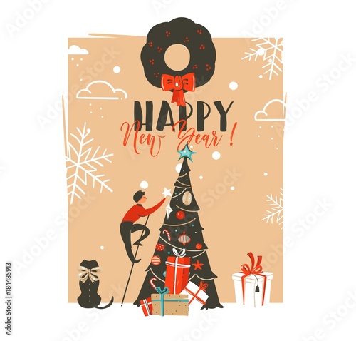 Hand drawn vector abstract Merry Christmas and Happy New Year time vintage cartoon illustrations greeting card template with family people and pet dog decorated xmas tree isolated on white background