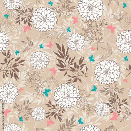 Vector vintage brown butterflies, leaves and flowers seamless pattern backgro...