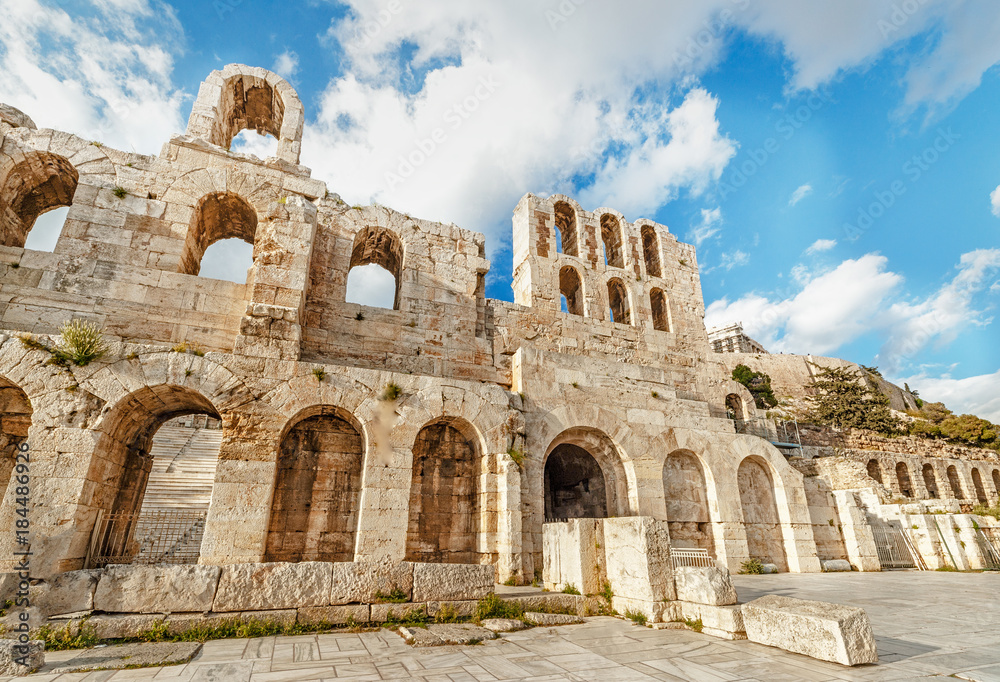 Greece, Athens. Facade of ancient greek theater Facade Odeon of Herodus Atticus. Iconic landmark and famous travel destination in Greece.