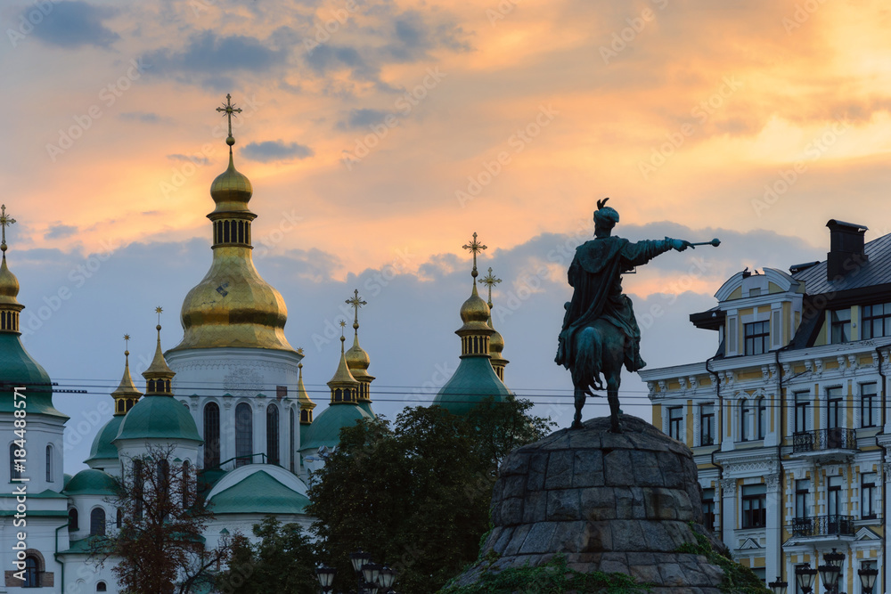 Bohdan Khmelnytsky Monument in front of St Sophia Cathedral in Kiev, Ukraine. Kyiv landmarks.