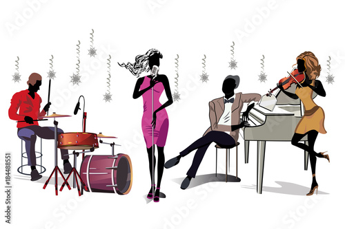  Musicians at the party. Jazz band. Hand drawn vector illustration.