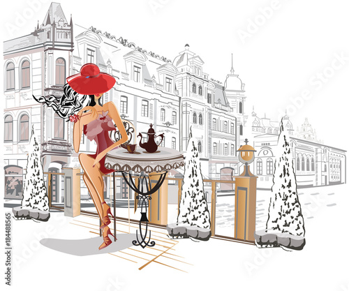 Fashion people in the street cafe in the old city. Hand drawn vector illustration.