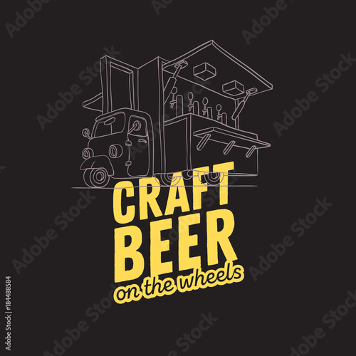 Mobile Craft Beer Pop Up Vehicle For Catering And Street Selling Logo Design. Artistic Cartoon Hand Drawn Sketchy Line Art Style.Vector Graphic.