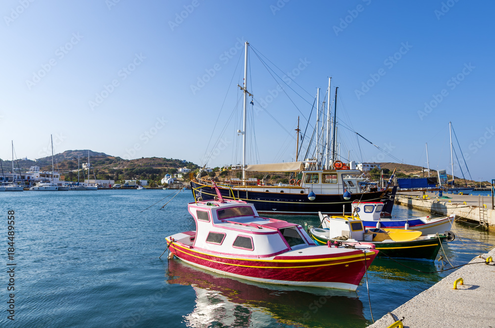 Pretty little fishing boats in the harbor of Lipsi island, Dodecanese, Greece 