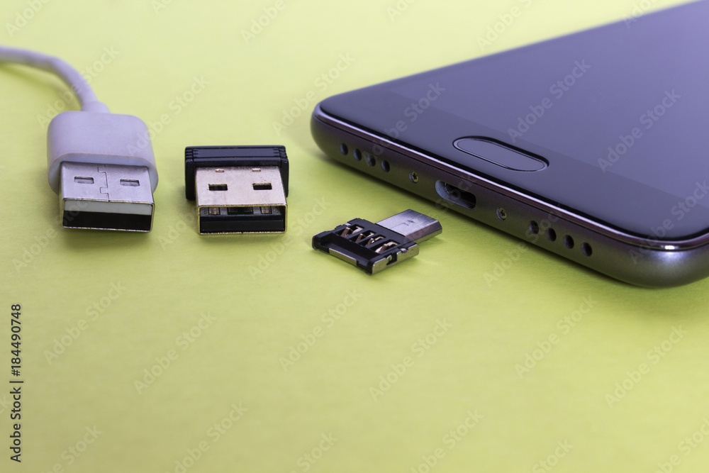 USB cable with adapter to the phone and a flash drive near it USB cable with adapter to the phone and a flash drive near it