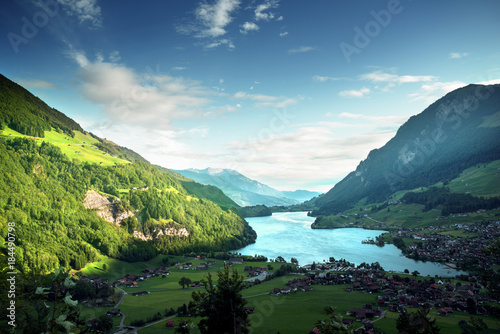 Aerial view on Lungernsee lake, Switzerland, Europe