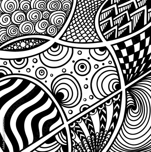 Abstract handmade Zentangle Zendoodle  background  black on white for coloring page, or adult relax coloring book or for decoration package or for print on T-Shirt or for wallpaper and other things photo
